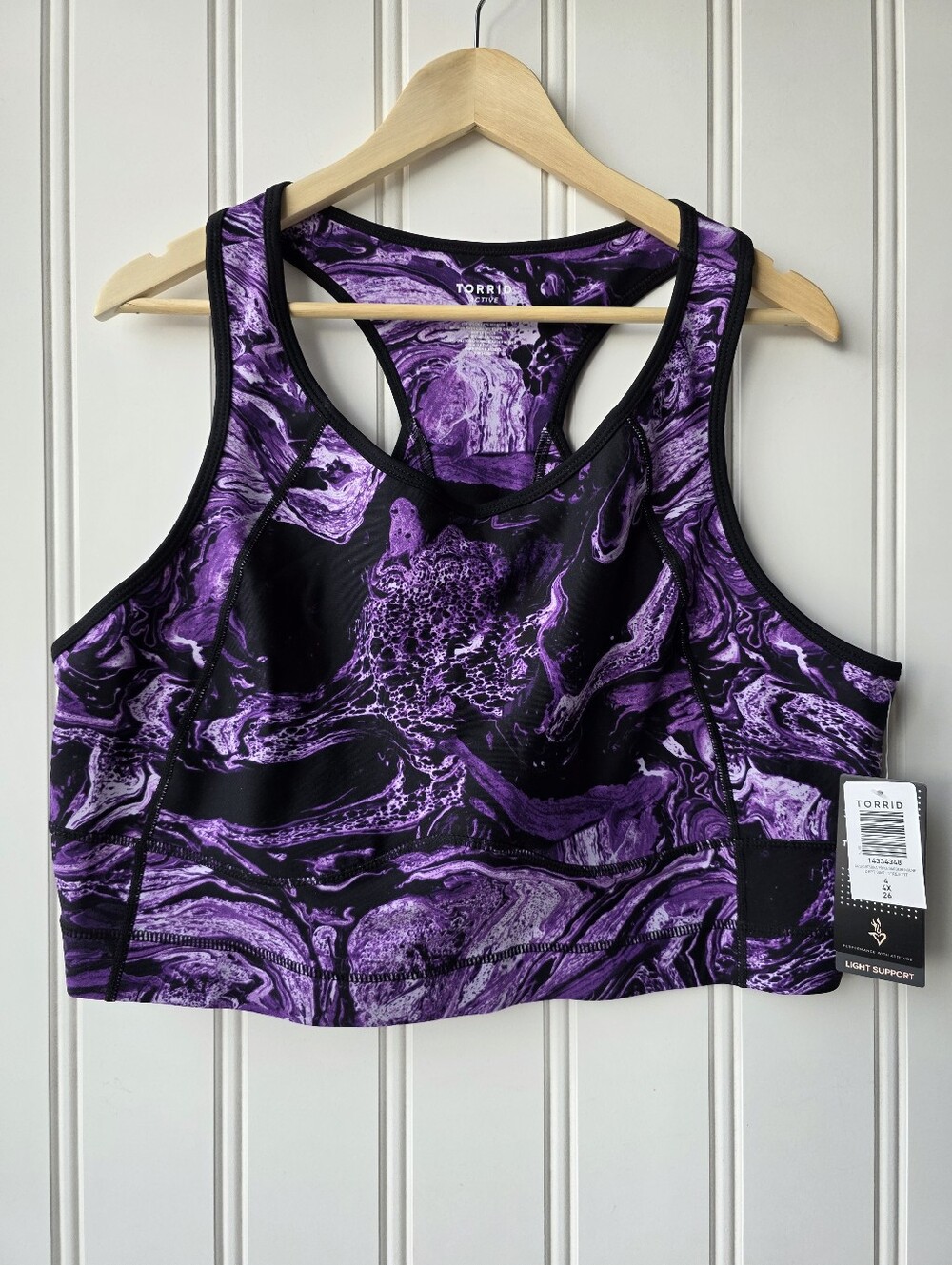 Torrid Active Longline Sports Bra Purple Marbled Print Light Support Size 4 NWT